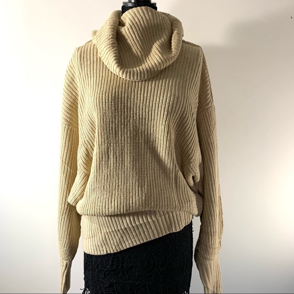 Tarse Tan Ribbed Oversized Cowl Neck Sweater